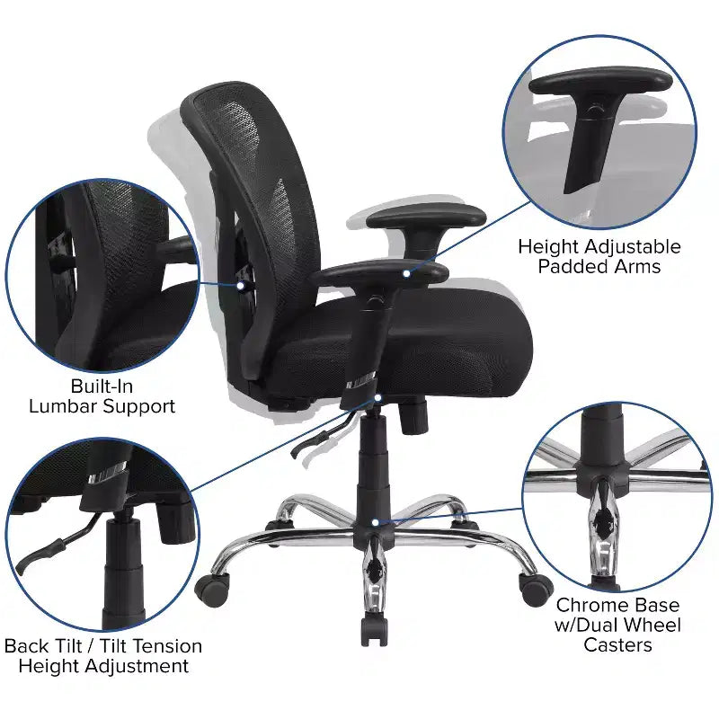 Fauteuil de bureau ergonomique Emma and Oliver 400 lb, dossier en maille noire, grande taille et réglable en hauteur