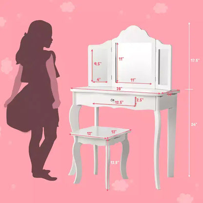 Coiffeuse pour enfant Costway avec miroir triptyque 2-en-1, avec tabouret