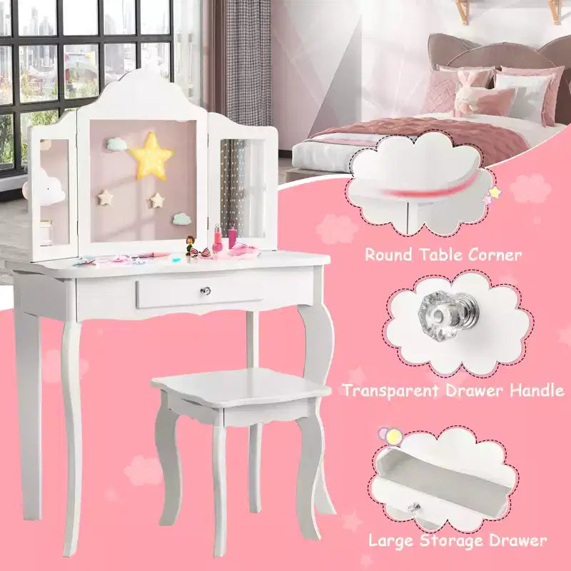 Coiffeuse pour enfant Costway avec miroir triptyque 2-en-1, avec tabouret