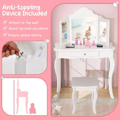 Coiffeuse pour enfant Costway avec miroir triptyque 2-en-1, avec tabouret