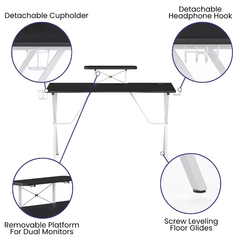 Bureau de gaming Emma et Oliver avec porte-gobelet, support pour casque et support pour écran/smartphone