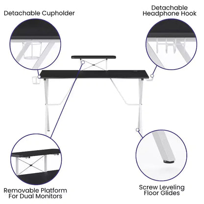 Bureau de gaming Emma et Oliver avec porte-gobelet, support pour casque et support pour écran/smartphone