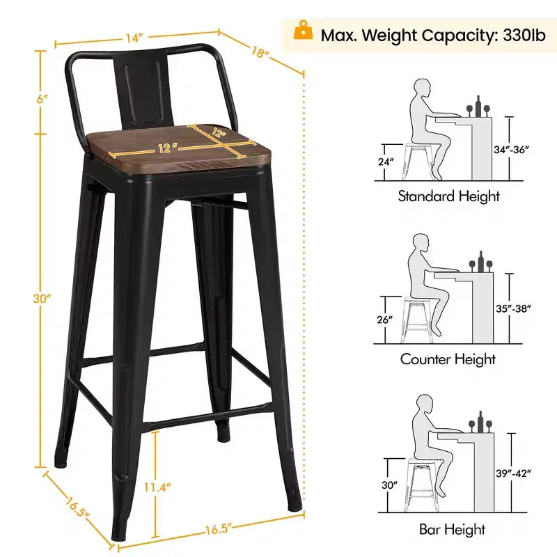 Tabourets de bar Yaheetech 30" en métal à dossier bas avec assise en bois et repose-pieds, lot de 4