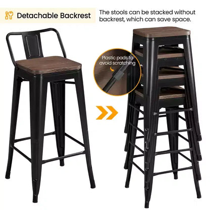 Tabourets de bar Yaheetech 30" en métal à dossier bas avec assise en bois et repose-pieds, lot de 4