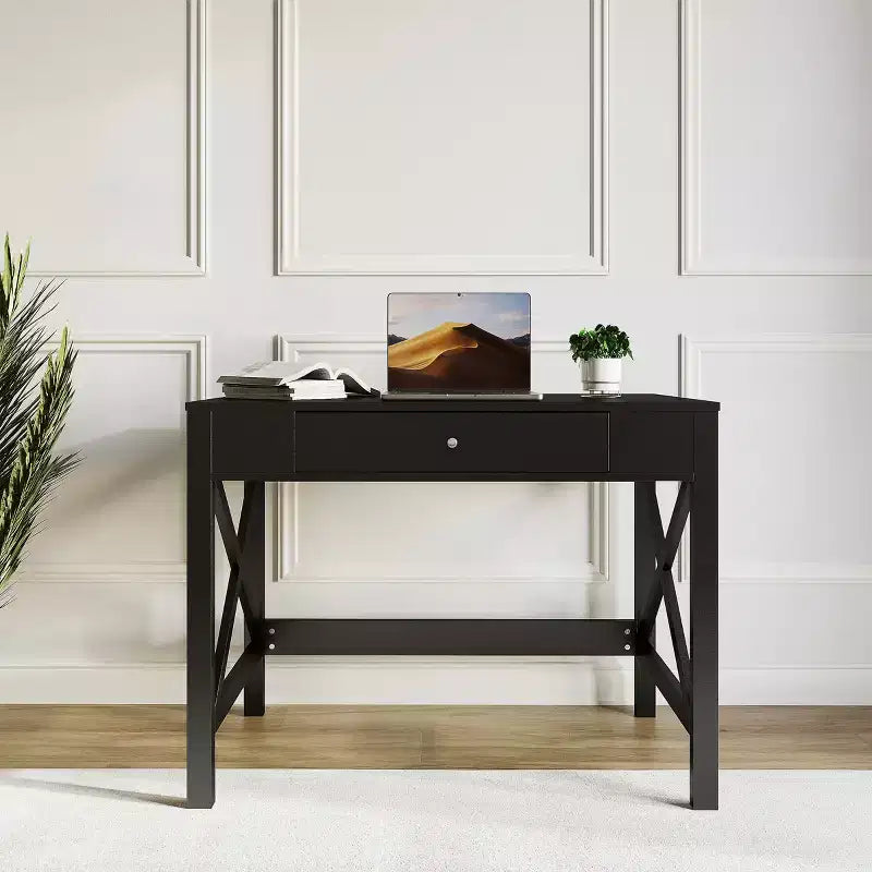 Writing Desk - Modern Desk with X-Pattern Legs and Drawer Storage - For Home Office, Bedroom, Computer, or Craft Table by Lavish Home (Black)