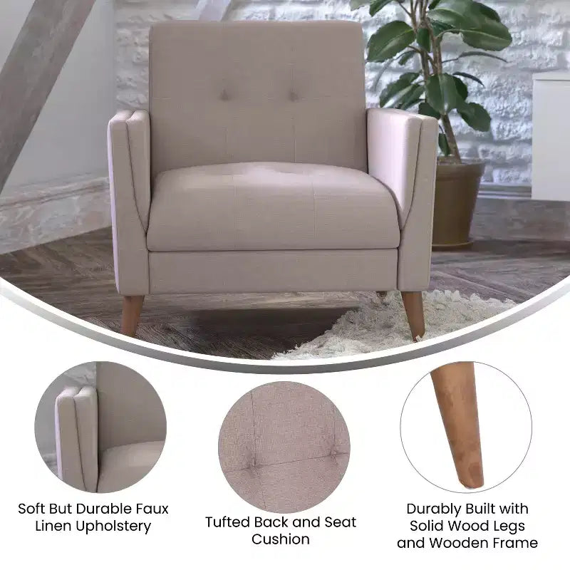 Fauteuil moderne de style Mid-Century rembourré Emma et Oliver avec assise et dossier capitonnés, support à ressorts ensachés et pieds en bois