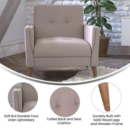 Fauteuil moderne de style Mid-Century rembourré Emma et Oliver avec assise et dossier capitonnés, support à ressorts ensachés et pieds en bois