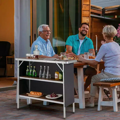 Table de camping pliante Costway, table de pique-nique portable en aluminium avec étagères à 2 niveaux, noir/café
