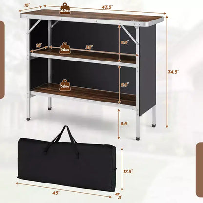 Table de camping pliante Costway, table de pique-nique portable en aluminium avec étagères à 2 niveaux, noir/café