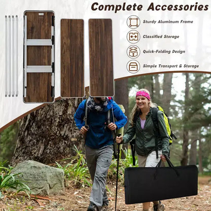 Table de camping pliante Costway, table de pique-nique portable en aluminium avec étagères à 2 niveaux, noir/café