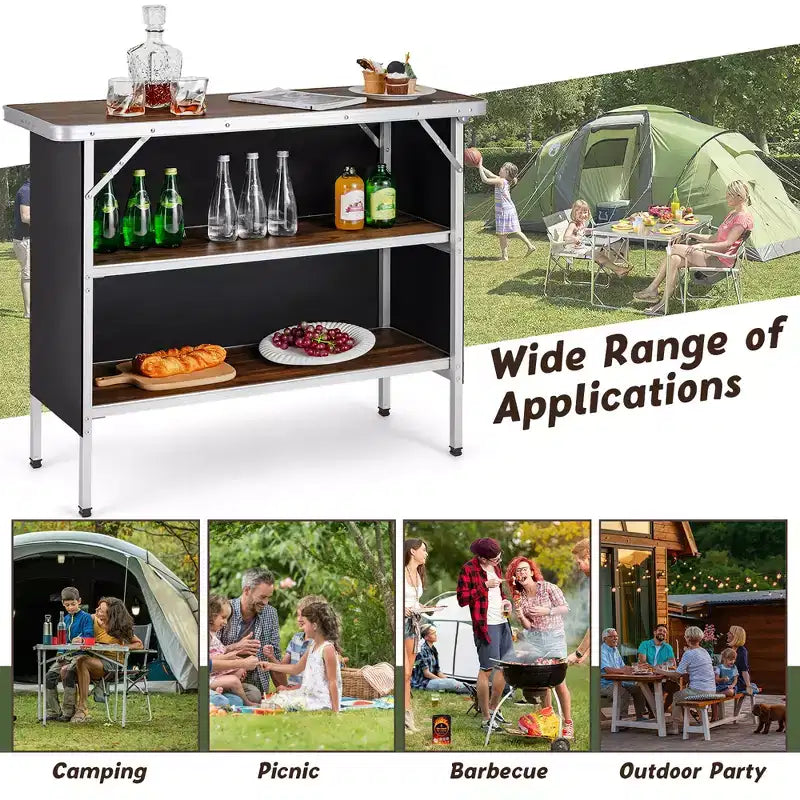 Table de camping pliante Costway, table de pique-nique portable en aluminium avec étagères à 2 niveaux, noir/café