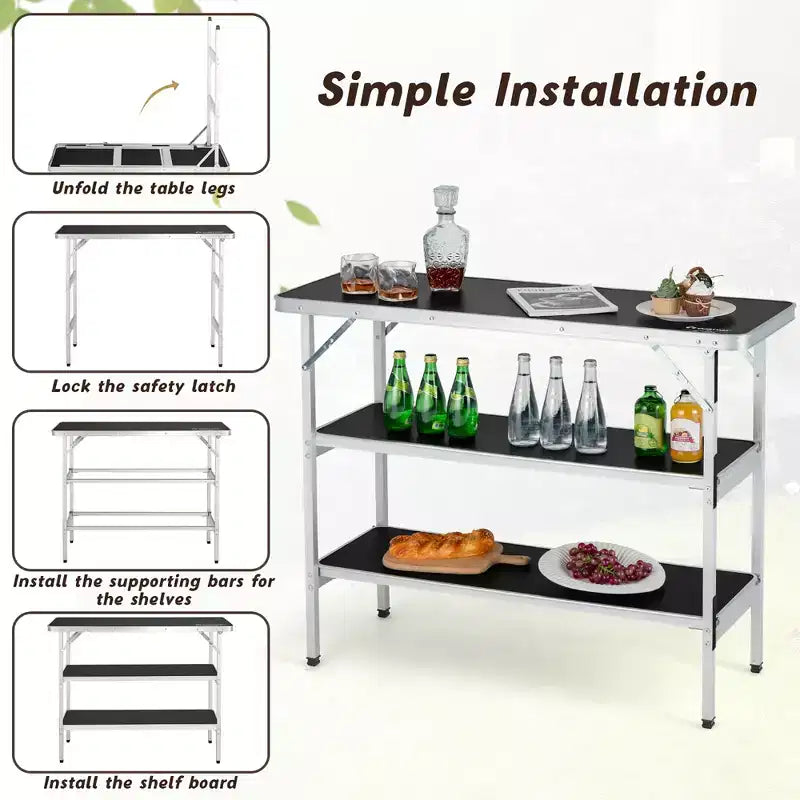 Table de camping pliante Costway, table de pique-nique portable en aluminium avec étagères à 2 niveaux, noir/café