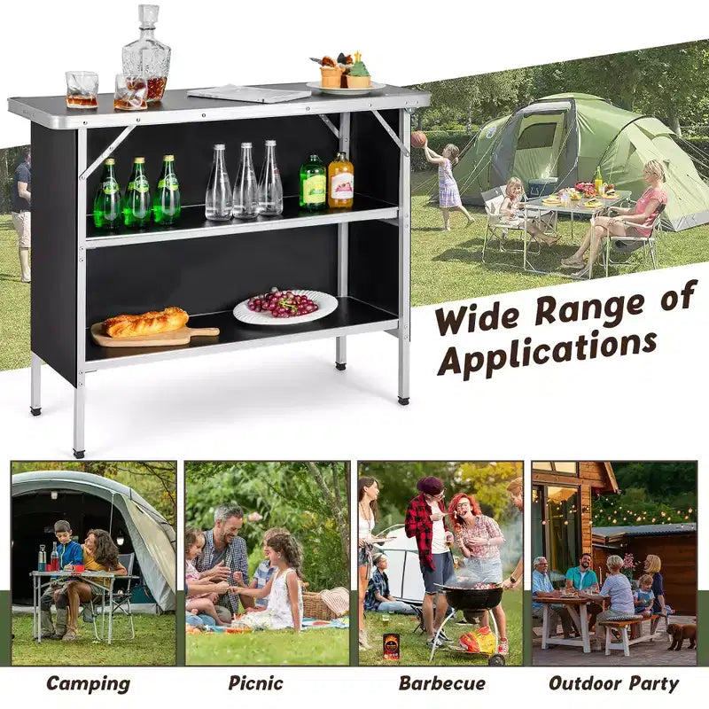 Table de camping pliante Costway, table de pique-nique portable en aluminium avec étagères à 2 niveaux, noir/café