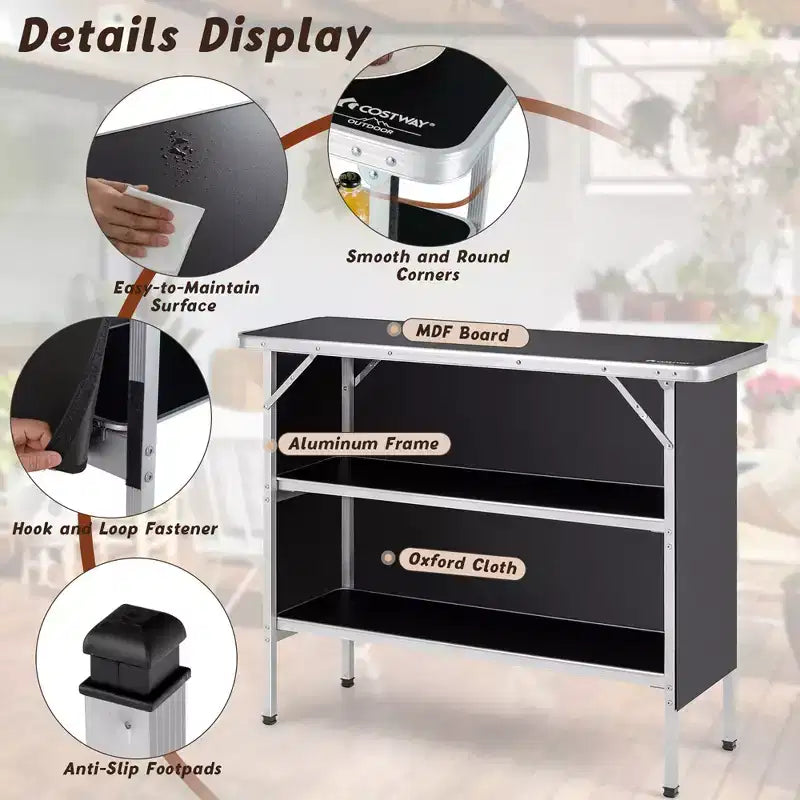 Table de camping pliante Costway, table de pique-nique portable en aluminium avec étagères à 2 niveaux, noir/café