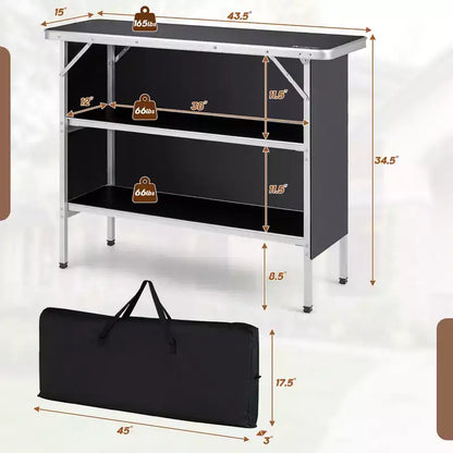 Table de camping pliante Costway, table de pique-nique portable en aluminium avec étagères à 2 niveaux, noir/café