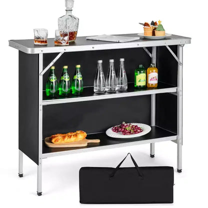Costway Folding Camping Table Aluminum Portable Picnic Table with 2-Tier Shelves Black\Coffee