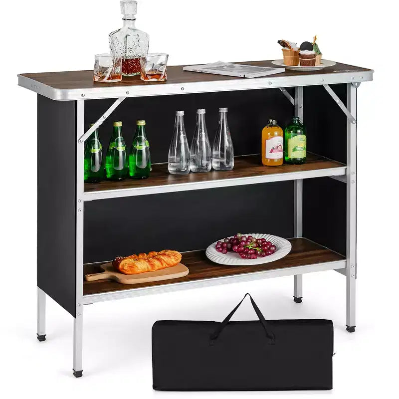 Table de camping pliante Costway, table de pique-nique portable en aluminium avec étagères à 2 niveaux, noir/café