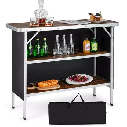 Table de camping pliante Costway, table de pique-nique portable en aluminium avec étagères à 2 niveaux, noir/café