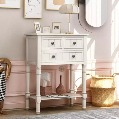 Console ModernLuxe avec trois tiroirs de rangement et une étagère inférieure