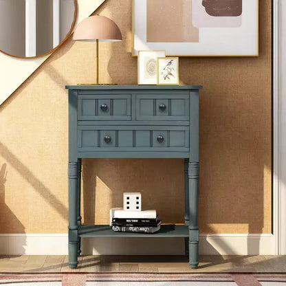 Console ModernLuxe avec trois tiroirs de rangement et une étagère inférieure