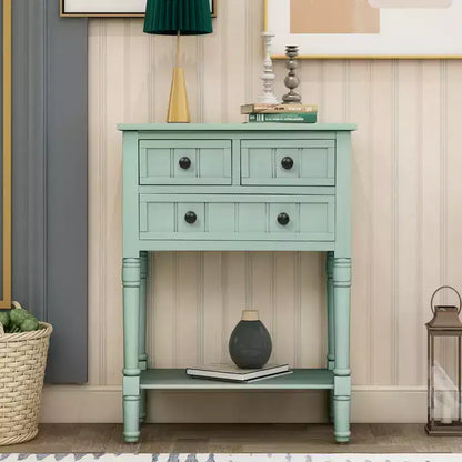 Console ModernLuxe avec trois tiroirs de rangement et une étagère inférieure