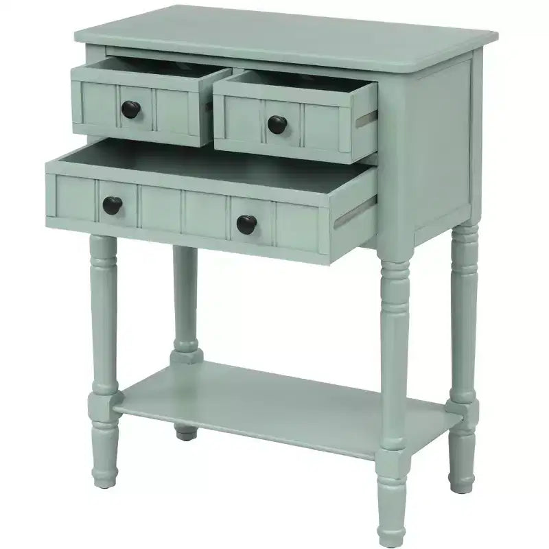 Console ModernLuxe avec trois tiroirs de rangement et une étagère inférieure