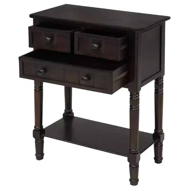 Console ModernLuxe avec trois tiroirs de rangement et une étagère inférieure