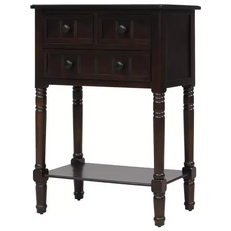 Console ModernLuxe avec trois tiroirs de rangement et une étagère inférieure