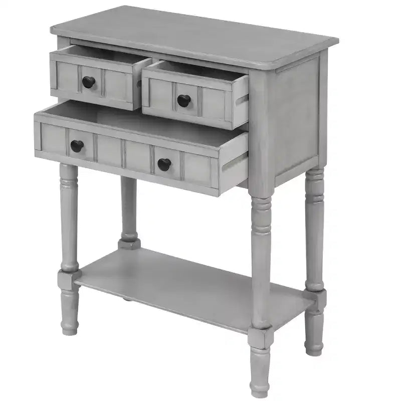 Console ModernLuxe avec trois tiroirs de rangement et une étagère inférieure