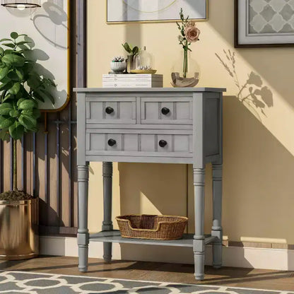 Console ModernLuxe avec trois tiroirs de rangement et une étagère inférieure