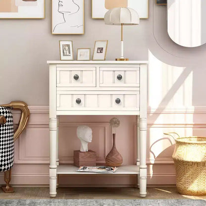 Console ModernLuxe avec trois tiroirs de rangement et une étagère inférieure