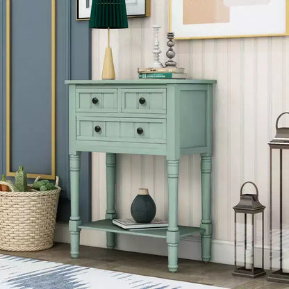 Console ModernLuxe avec trois tiroirs de rangement et une étagère inférieure