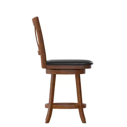 Tabouret de bar pivotant Merrick Lane 24, hauteur comptoir, en bois classique, avec dossier croisé, assise rembourrée et repose-pieds intégré