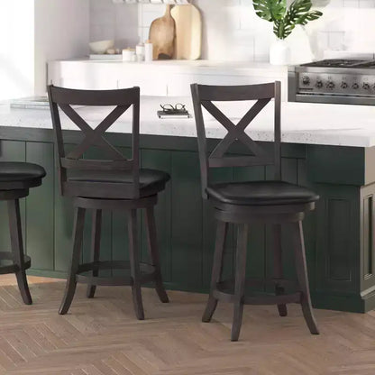 Tabouret de bar pivotant Merrick Lane 24, hauteur comptoir, en bois classique, avec dossier croisé, assise rembourrée et repose-pieds intégré