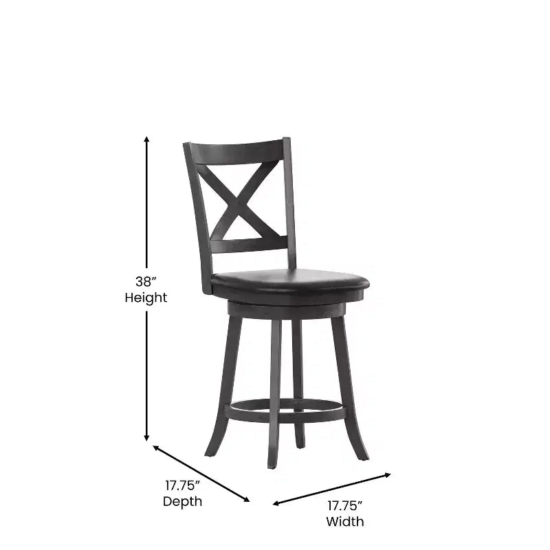Tabouret de bar pivotant Merrick Lane 24, hauteur comptoir, en bois classique, avec dossier croisé, assise rembourrée et repose-pieds intégré