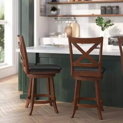 Tabouret de bar pivotant Merrick Lane 24, hauteur comptoir, en bois classique, avec dossier croisé, assise rembourrée et repose-pieds intégré