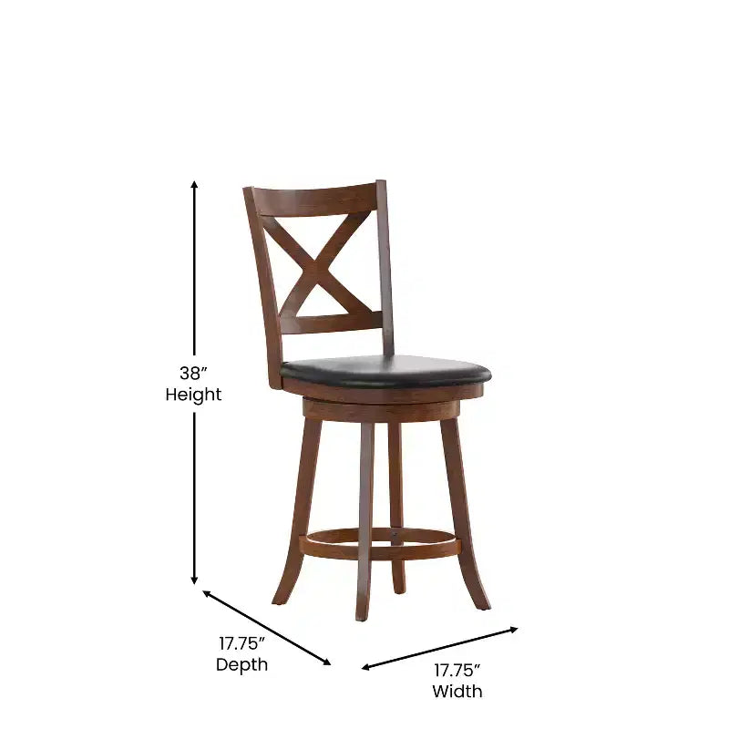 Tabouret de bar pivotant Merrick Lane 24, hauteur comptoir, en bois classique, avec dossier croisé, assise rembourrée et repose-pieds intégré