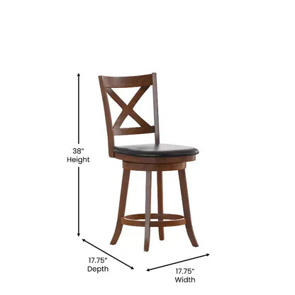 Tabouret de bar pivotant Merrick Lane 24, hauteur comptoir, en bois classique, avec dossier croisé, assise rembourrée et repose-pieds intégré