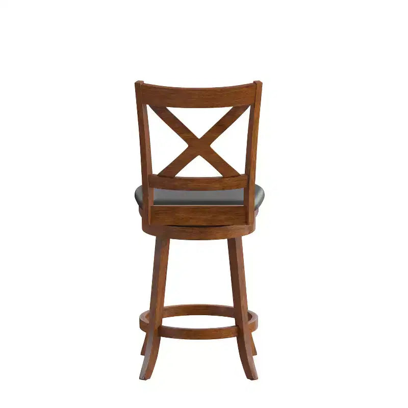 Tabouret de bar pivotant Merrick Lane 24, hauteur comptoir, en bois classique, avec dossier croisé, assise rembourrée et repose-pieds intégré