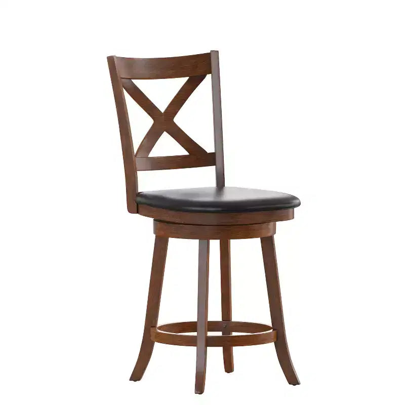 Tabouret de bar pivotant Merrick Lane 24, hauteur comptoir, en bois classique, avec dossier croisé, assise rembourrée et repose-pieds intégré