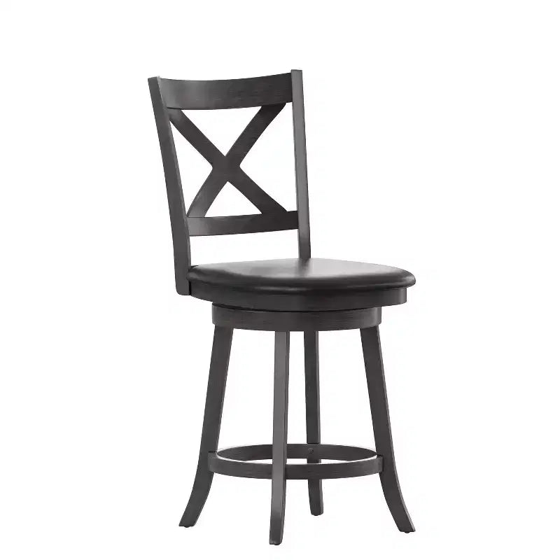Tabouret de bar pivotant Merrick Lane 24, hauteur comptoir, en bois classique, avec dossier croisé, assise rembourrée et repose-pieds intégré