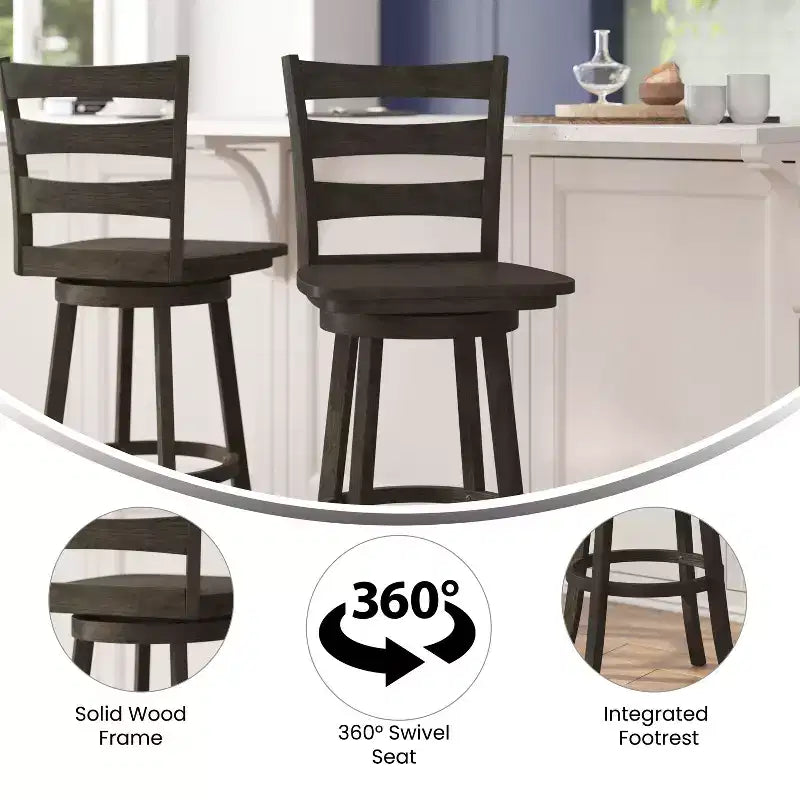 Tabouret pivotant classique en bois à dossier échelle de qualité commerciale Merrick Lane avec siège et repose-pieds en bois massif