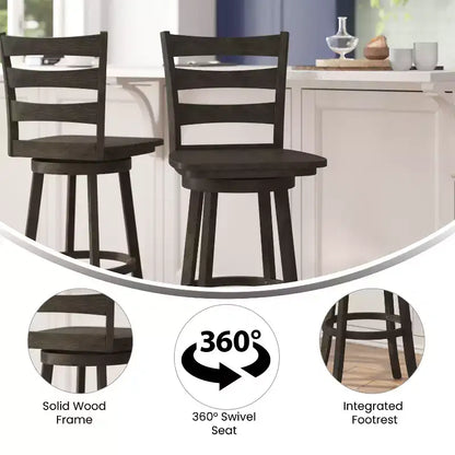 Tabouret pivotant classique en bois à dossier échelle de qualité commerciale Merrick Lane avec siège et repose-pieds en bois massif