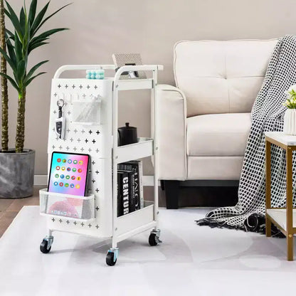 Costway Chariot de Rangement Roulant à 3 Niveaux avec Double Panneau Perforé DIY, Chariot de Service en Métal Mobile sur Roues pour Cuisine, Bureau