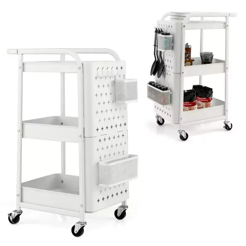 Costway Chariot de Rangement Roulant à 3 Niveaux avec Double Panneau Perforé DIY, Chariot de Service en Métal Mobile sur Roues pour Cuisine, Bureau