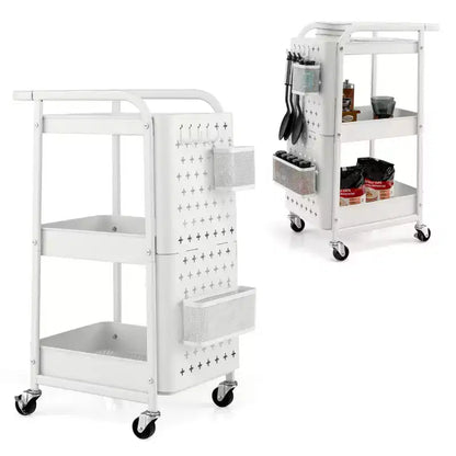 Costway Chariot de Rangement Roulant à 3 Niveaux avec Double Panneau Perforé DIY, Chariot de Service en Métal Mobile sur Roues pour Cuisine, Bureau