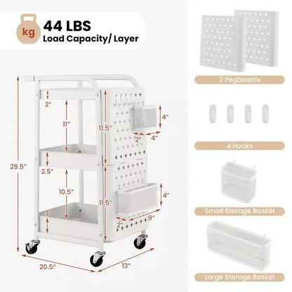 Costway Chariot de Rangement Roulant à 3 Niveaux avec Double Panneau Perforé DIY, Chariot de Service en Métal Mobile sur Roues pour Cuisine, Bureau