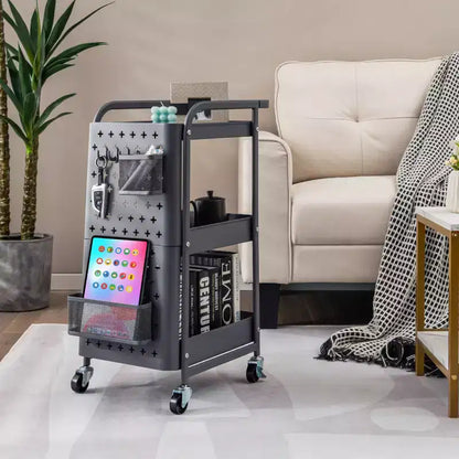 Costway Chariot de Rangement Roulant à 3 Niveaux avec Double Panneau Perforé DIY, Chariot de Service en Métal Mobile sur Roues pour Cuisine, Bureau