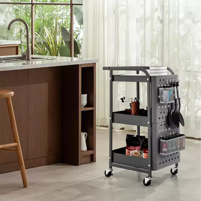 Costway Chariot de Rangement Roulant à 3 Niveaux avec Double Panneau Perforé DIY, Chariot de Service en Métal Mobile sur Roues pour Cuisine, Bureau