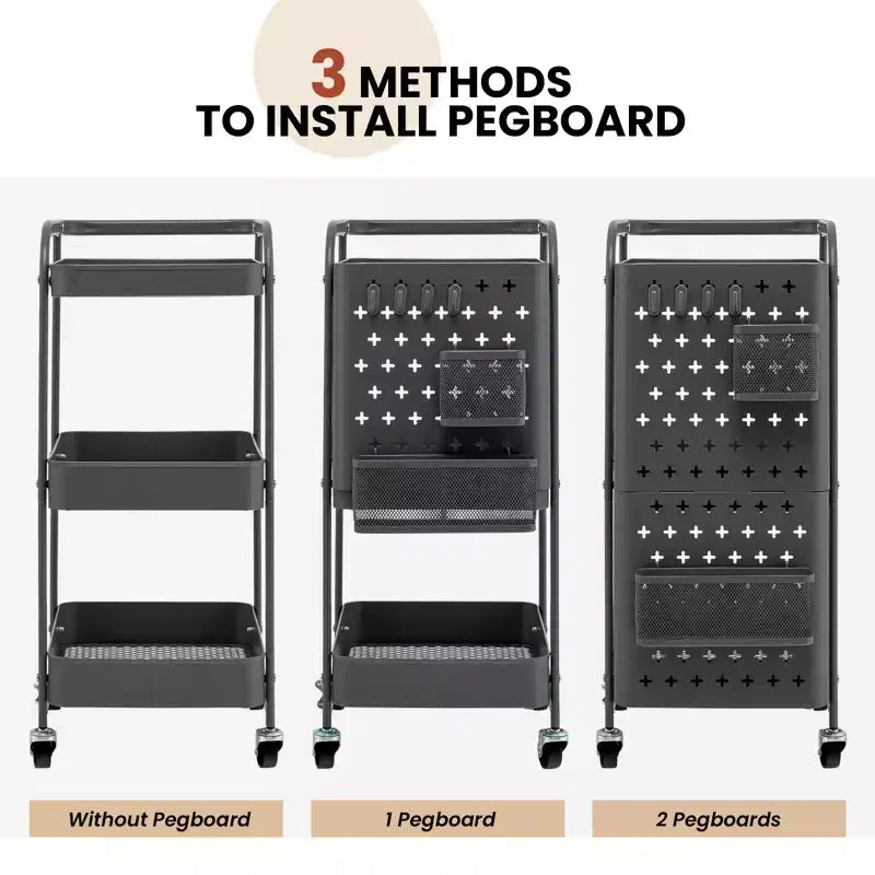 Costway Chariot de Rangement Roulant à 3 Niveaux avec Double Panneau Perforé DIY, Chariot de Service en Métal Mobile sur Roues pour Cuisine, Bureau